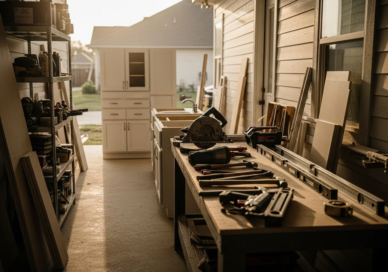 Remodeling crew and tools on a residential job site, showcasing professional equipment and workspace setup.