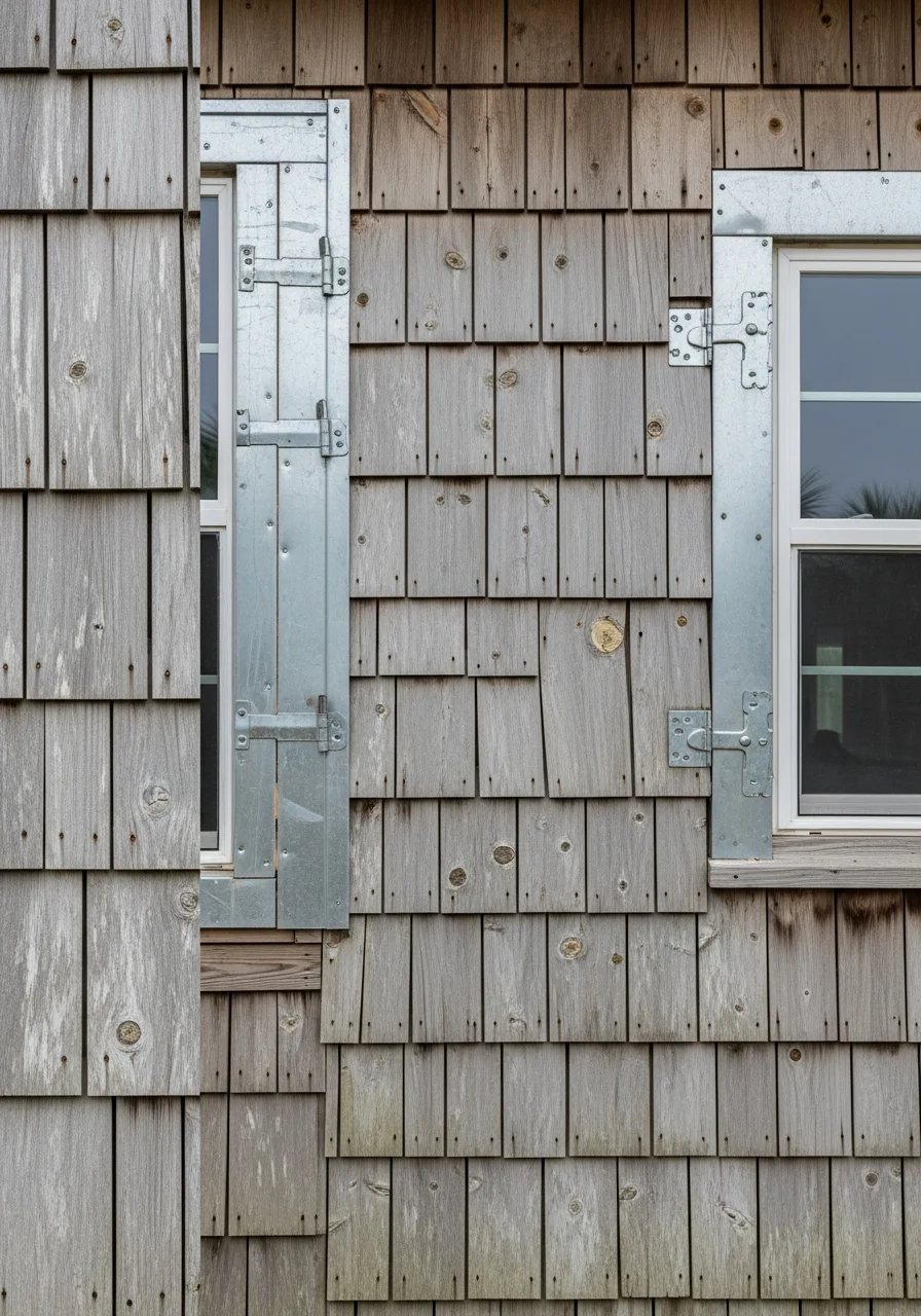 Detailed view of a Galveston coastal home's exterior showing weathered wood siding and reinforced fixtures typical of storm-resistant construction.