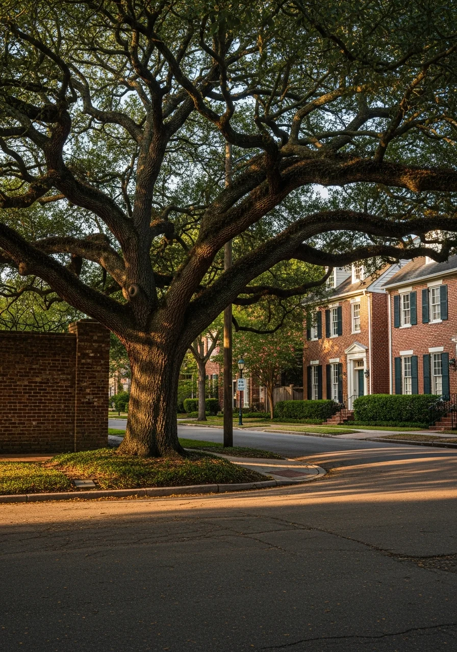 Close-up of a Houston residential street with mature oak trees and brick homes typical of established Houston neighborhoods.