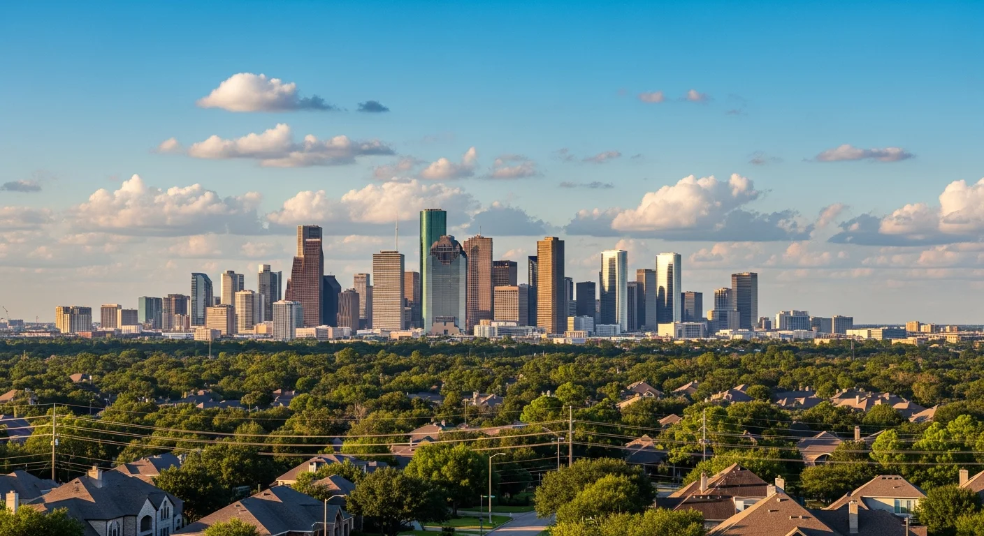 Wide view of Houston skyline with downtown towers and suburban neighborhoods stretching across the horizon under blue sky.