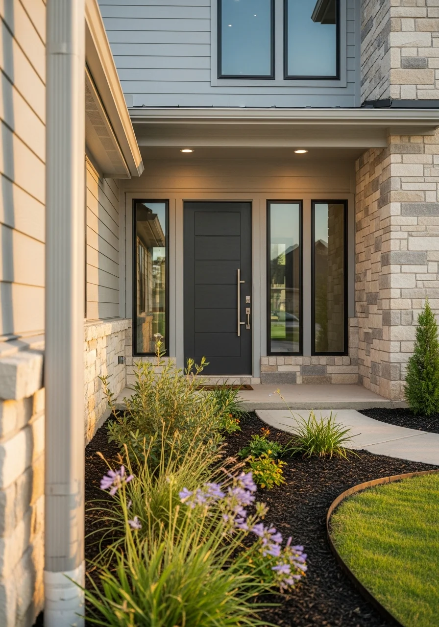 Close-up of a Katy home's front entrance showing modern architectural details and landscaping common in the area's newer developments.