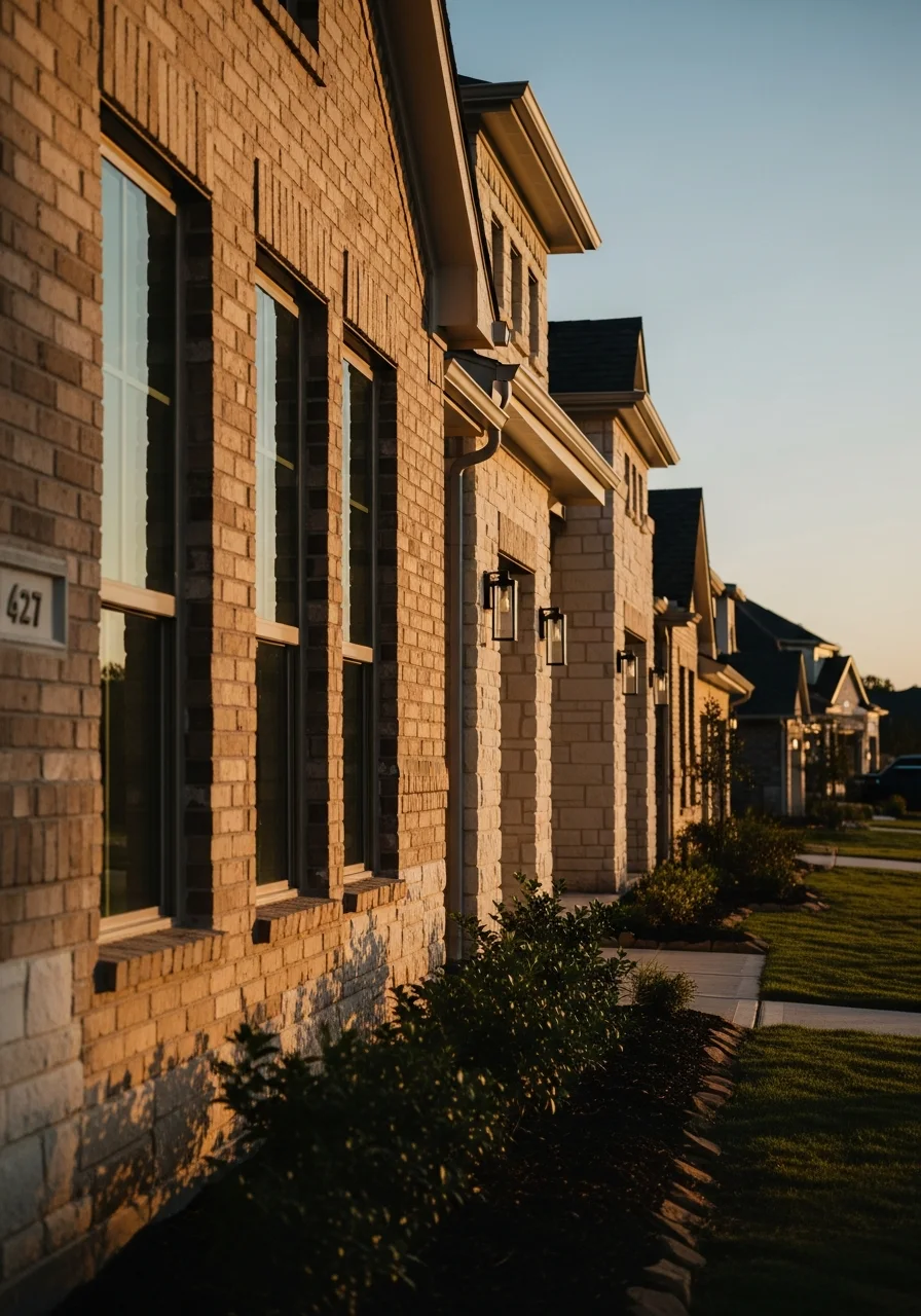 Pearland home exterior showing contemporary architectural style with brick and stone finishes common in the area's newer neighborhoods.