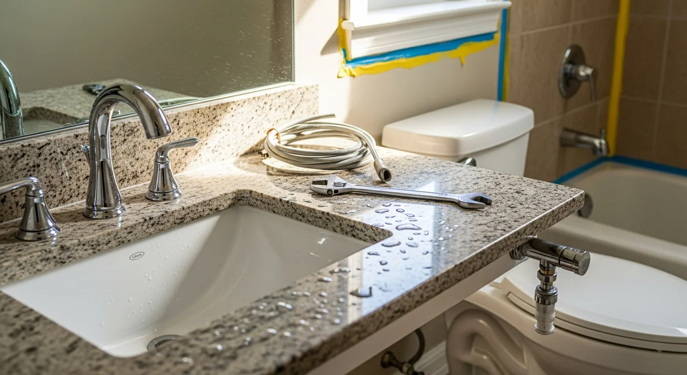 A Houston bathroom after fixture replacement showing a newly installed white toilet, a wall-mount faucet over a undermount sink, and updated shower hardware with clean caulk lines. The space reflects a practical update in a single-story Houston home.