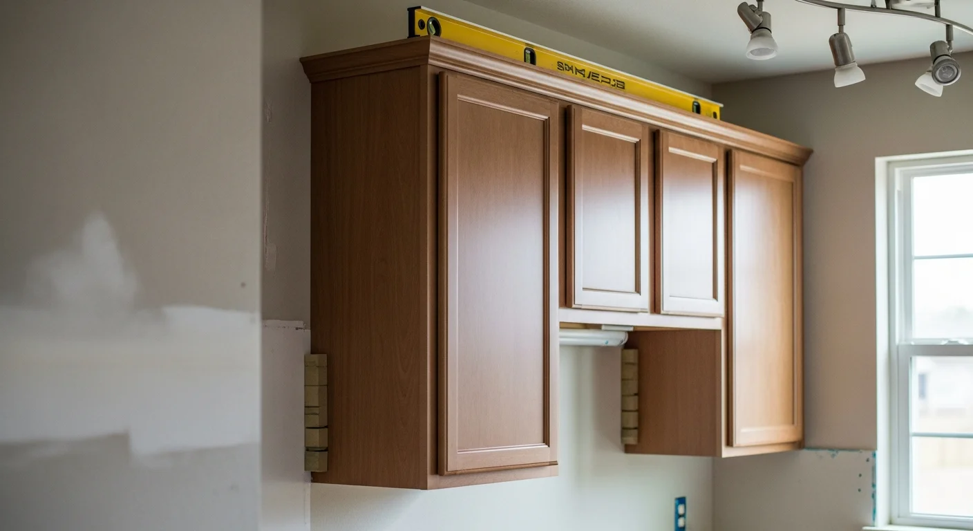 Newly installed white shaker kitchen cabinets with soft-close hardware in a Houston home remodel by Works Remodeling. Upper and lower cabinet runs are aligned flush against painted drywall, with open countertop space ready for a stone surface installation.