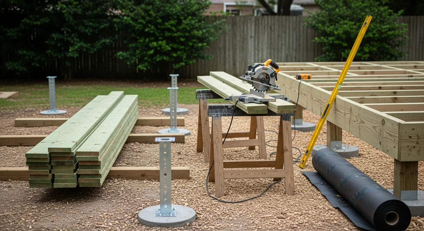 A newly built wood deck attached to the back of a single-story Houston home, featuring clean framing, post railings, and a slight drainage slope away from the house. The deck overlooks a grass backyard under a clear Texas sky.