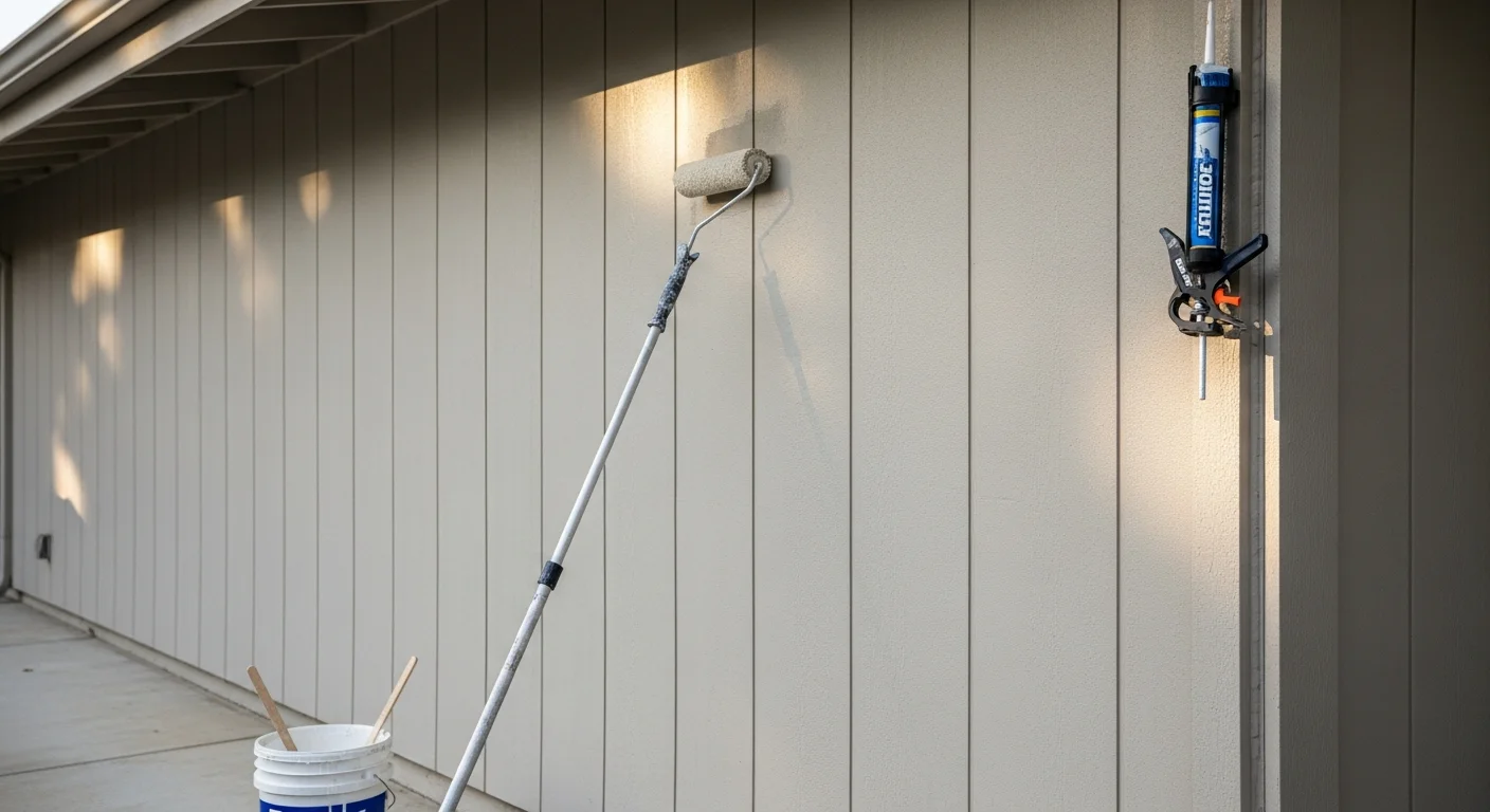 A freshly painted two-story Houston home with clean siding, sharp trim lines, and no visible peeling or fading on the south-facing exterior wall. Works Remodeling exterior painting project completed in Houston, TX.