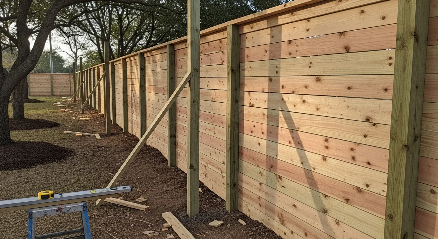 A newly installed wood privacy fence along the backyard perimeter of a residential home in Houston, Texas. The fence panels are evenly spaced and set in concrete footings with a matching gate on the side yard.