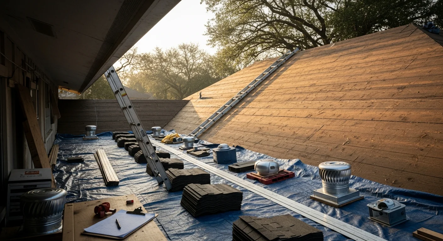A completed residential roof replacement on a single-story Houston home, showing new shingles installed over a clean deck under a clear Texas sky. The finished roof covers the full structure with uniform coverage and properly sealed ridge and edge lines.