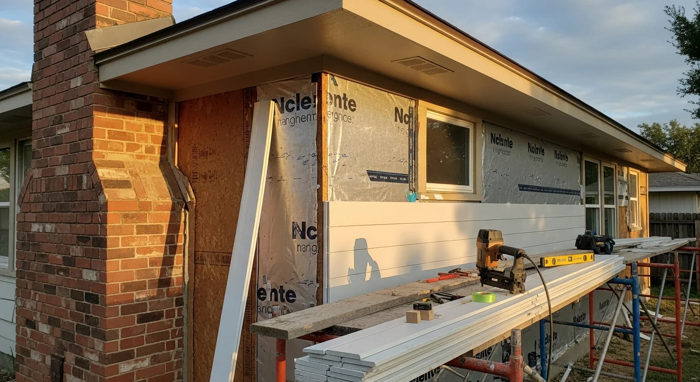 Freshly installed exterior siding on a single-story Houston home, showing clean lap panels, new corner trim, and finished window casings. The completed exterior replacement is viewed from the front yard on a clear day.